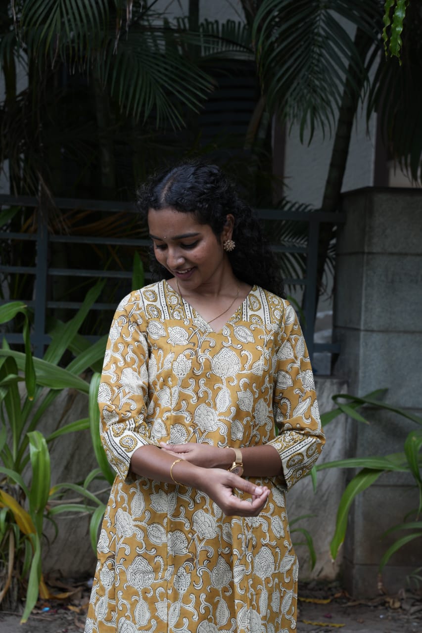 Mustard Yellow kalamkari with border Prints kalamkari